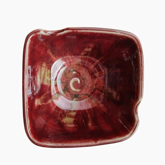 Paul Ray Pottery Square Bowl Hand Crafted Studio Art Seagrove NC Burgundy Beige - Picture 3 of 8